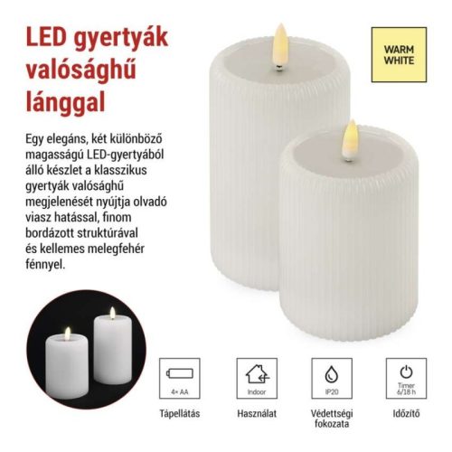 LED-dísz – 2 db viaszgyertya valósághű lánggal, 4 db AA elem, meleg fehér fény, időzítő