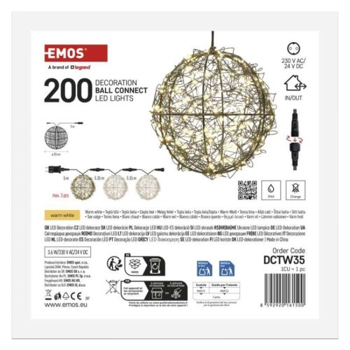 Összekapcsolható LED-es karácsonyi gömb – 200 LED, kültéri és beltéri használatra, WW