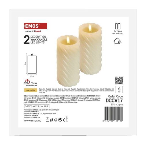 LED dekoráció – viaszgyertya 17 cm, 2x AAA, beltéri, meleg fehér, 2 db, távirányító