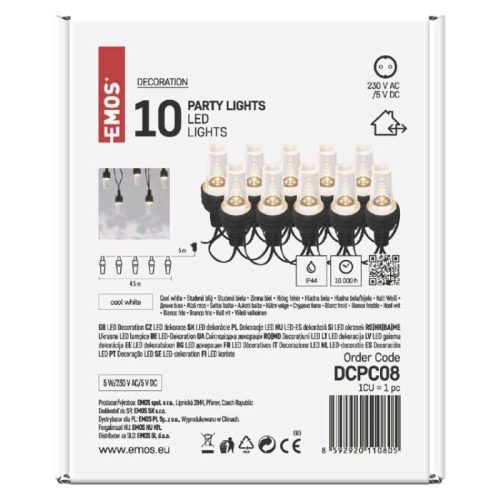 LED fényfüzér – 10x party égő átlátszó, 4,5 m, kültéri és beltéri, hideg fehér