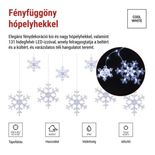 LED karácsonyi függöny – hópelyhek, 160x95 cm, IP44, hideg fehér, időzítő