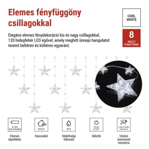 LED karácsonyi függöny – csillagok, 170x85 cm, 3x AA elem, IP44, hideg fehér, időzítő
