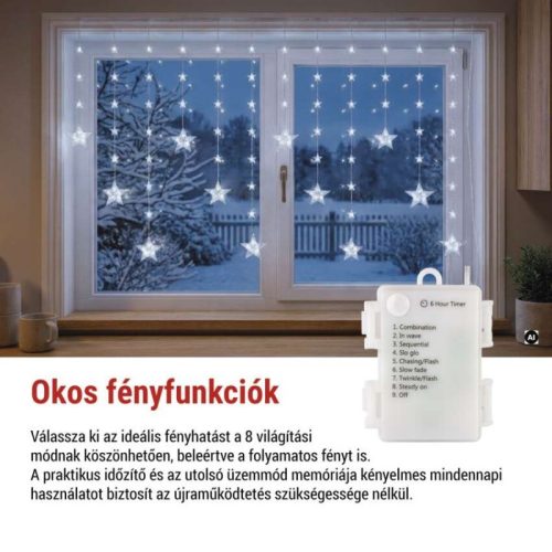 LED karácsonyi függöny – csillagok, 170x85 cm, 3x AA elem, IP44, hideg fehér, időzítő