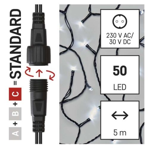 Standard LED sorolható karácsonyi füzér, 5 m, kültéri és beltéri, hideg fehér