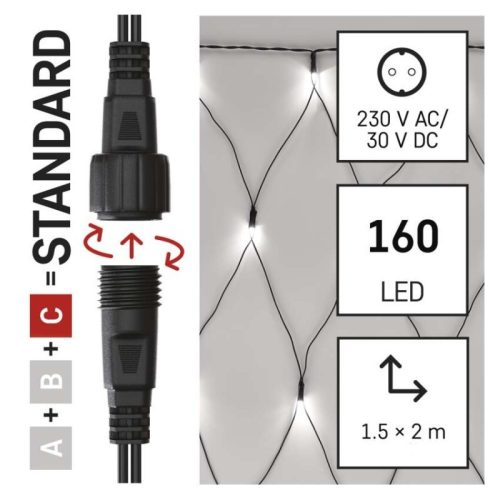Standard LED sorolható karácsonyi füzér – háló, 1,5x2 m, kültéri, hideg fehér