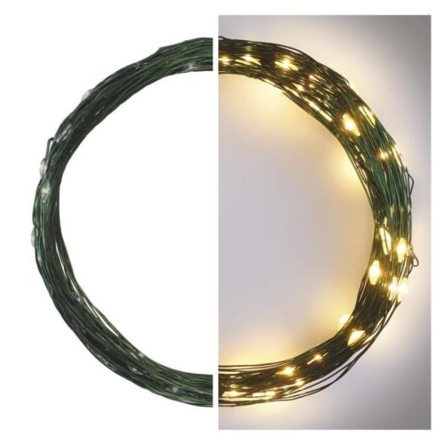 LED karácsonyi nano fényfüzér, zöld, 7,5 m, kültéri és beltéri, meleg fehér, időzítő