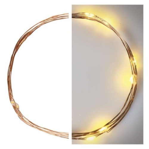 LED karácsonyi nano fényfüzér, réz, 0,9 m, 2x AA, beltéri, meleg fehér, időzítő