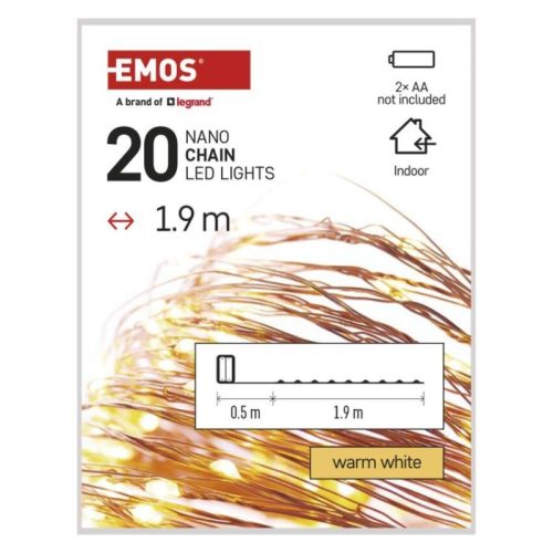 LED karácsonyi nano fényfüzér, 1,9 m, 2x AA, beltéri, meleg fehér, időzítő