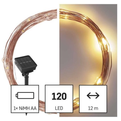 LED nano lánc napelemmel, réz, 12 m, kültéri és beltéri, meleg fehér, időzítő