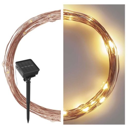 LED nano lánc napelemmel, réz, 12 m, kültéri és beltéri, meleg fehér, időzítő