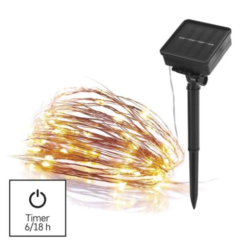 LED nano lánc napelemmel, réz, 12 m, kültéri és beltéri, meleg fehér, időzítő