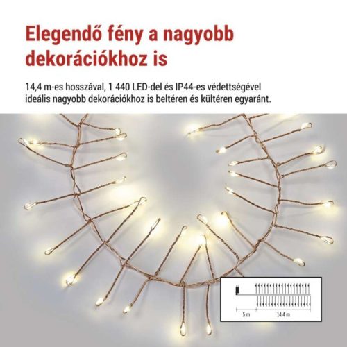 LED nano fényfüzér tekercsen, rézszínű, 14,4 m, meleg fehér, időzítő