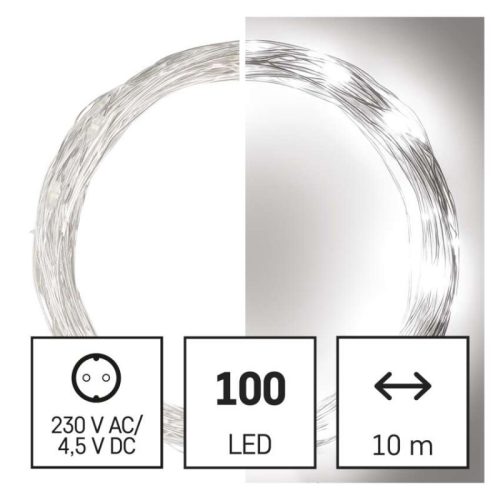 LED karácsonyi nano fényfüzér, ezüst, 10 m, kültéri és beltéri, hideg fehér, időzítő