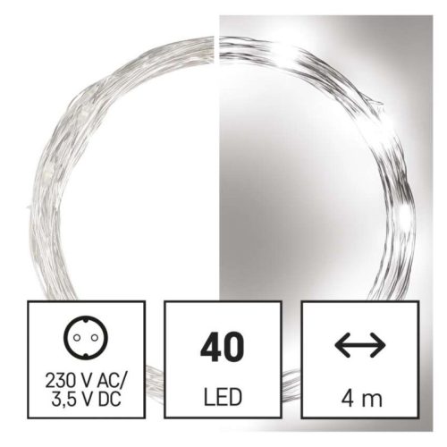 LED karácsonyi nano fényfüzér, ezüst, 4 m, kültéri és beltéri, hideg fehér, időzítő