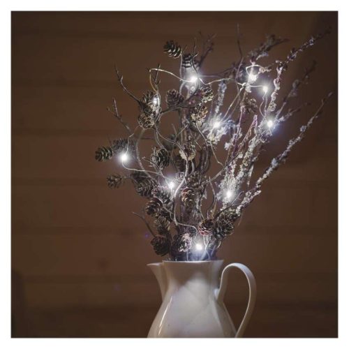 LED karácsonyi nano fényfüzér, ezüst, 0,9 m, 2x AA, beltéri, hideg fehér, időzítő