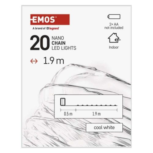 LED karácsonyi nano fényfüzér, 1,9 m, 2x AA, beltéri, hideg fehér, időzítő