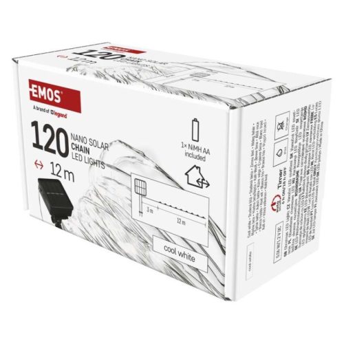LED nano lánc napelemmel, réz, 12 m, kültéri és beltéri, hideg fehér, időzítő