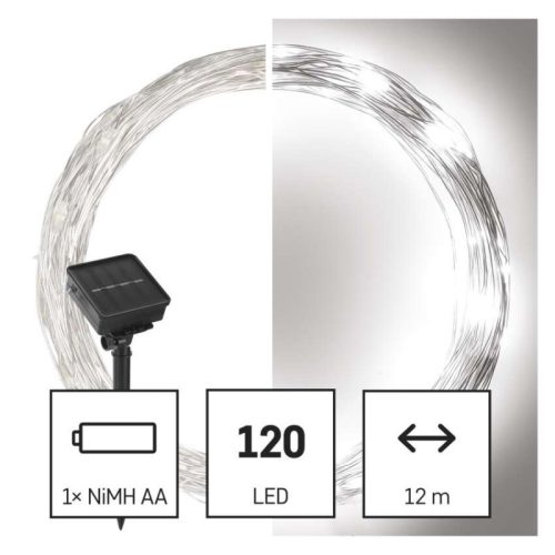LED nano lánc napelemmel, réz, 12 m, kültéri és beltéri, hideg fehér, időzítő