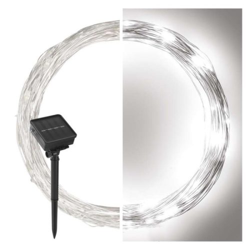LED nano lánc napelemmel, réz, 12 m, kültéri és beltéri, hideg fehér, időzítő