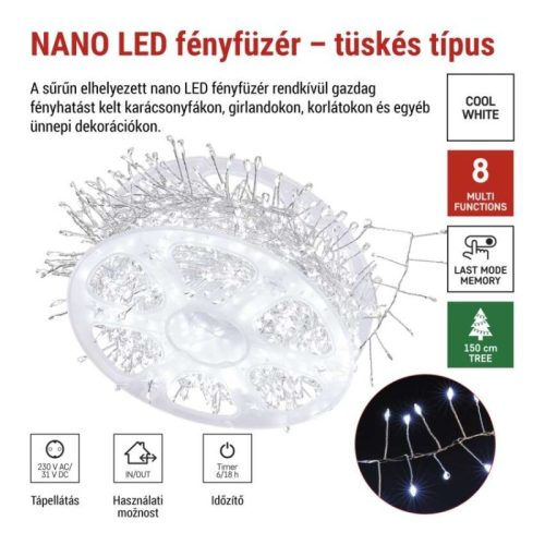 LED nano fényfüzér tekercsen, ezüst , 14,4 m, hideg fehér, időzítő