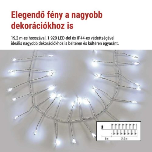 LED nano fényfüzér tekercsen, ezüst, 19,2 m, hideg fehér, időzítő