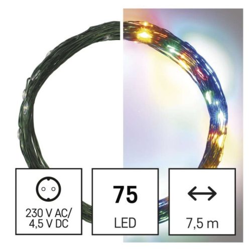 LED karácsonyi nano fényfüzér, zöld, 7,5 m, kültéri és beltéri, többszínű, időzítő