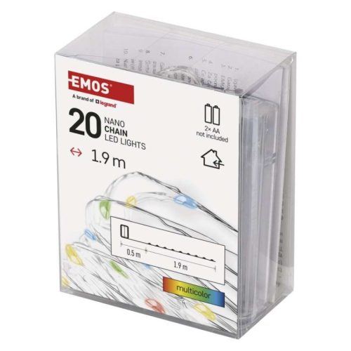 LED karácsonyi nano fényfüzér, 1,9 m, 2x AA, beltéri, többszínű, időzítő