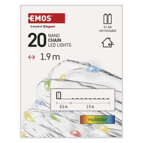 LED karácsonyi nano fényfüzér, 1,9 m, 2x AA, beltéri, többszínű, időzítő