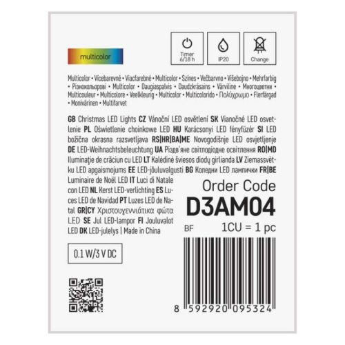 LED karácsonyi nano fényfüzér, 1,9 m, 2x AA, beltéri, többszínű, időzítő