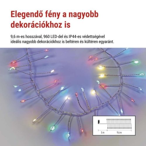 LED nano fényfüzér tekercsen, ezüst , 9,6 m, többszínű, időzítő