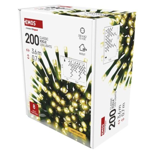 LED karácsonyi jégcsapok, 3,6 m, kültéri és beltéri, meleg fehér, programokkal