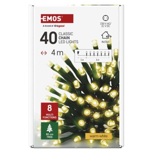 LED karácsonyi fényfüzér, 4 m, kültéri és beltéri, meleg fehér, progr, időz.