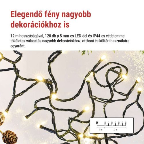 LED karácsonyi fényfüzér, 12 m, kültéri és beltéri, meleg fehér, progr, időz.