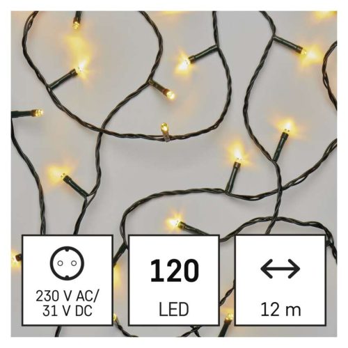 LED karácsonyi fényfüzér, 12 m, kültéri és beltéri, meleg fehér, progr, időz.