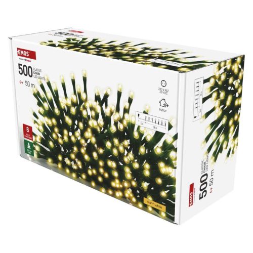 LED karácsonyi fényfüzér, 50 m, kültéri és beltéri, meleg fehér, progr, időz.