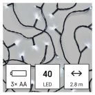 LED karácsonyi fényfüzér, 2,8 m, 3x AA, kültéri és beltéri, hideg fehér, időzítő