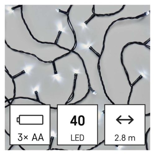 LED karácsonyi fényfüzér, 2,8 m, 3x AA, kültéri és beltéri, hideg fehér, időzítő