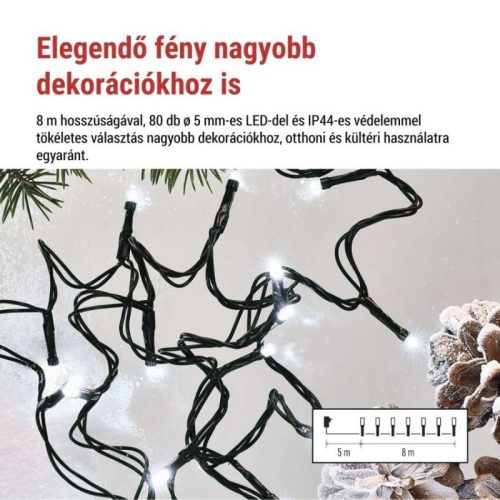 LED karácsonyi fényfüzér, 8 m, kültéri és beltéri, hideg fehér, progr, időz.
