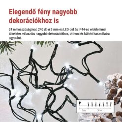   LED karácsonyi fényfüzér, 24 m, kültéri és beltéri, hideg fehér, progr, időz.