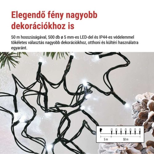 LED karácsonyi fényfüzér, 50 m, kültéri és beltéri, hideg fehér, progr, időz.