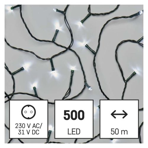 LED karácsonyi fényfüzér, 50 m, kültéri és beltéri, hideg fehér, progr, időz.