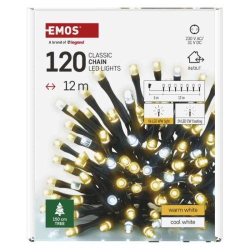 LED karácsonyi fényfüzér, villogó, 12 m, kültéri és beltéri, meleg/hideg fehér, időzítő