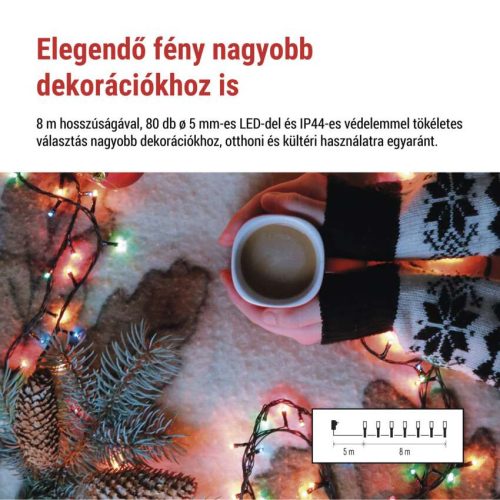 LED karácsonyi fényfüzér, 8 m, kültéri és beltéri, többszínű, progr, időz.