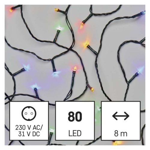 LED karácsonyi fényfüzér, 8 m, kültéri és beltéri, többszínű, progr, időz.