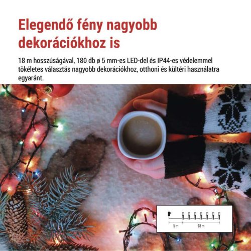 LED karácsonyi fényfüzér, 18 m, kültéri és beltéri, többszínű, progr, időz.