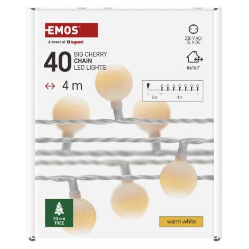 LED fényfüzér, cseresznye – golyók 2,5 cm, 4 m, kültéri és beltéri, meleg fehér, időzítő