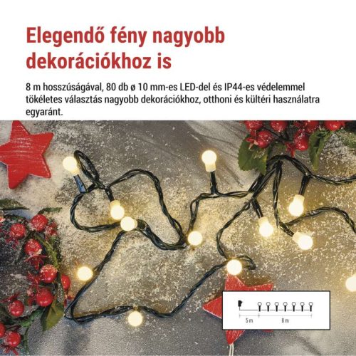 LED karácsonyi fényfüzér, cseresznye–golyók,8 m,kültéri és beltéri,meleg fehér,progr,időz.