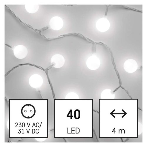 LED fényfüzér, cseresznye – golyók 2,5 cm, 4 m, kültéri és beltéri, hideg fehér, időzítő
