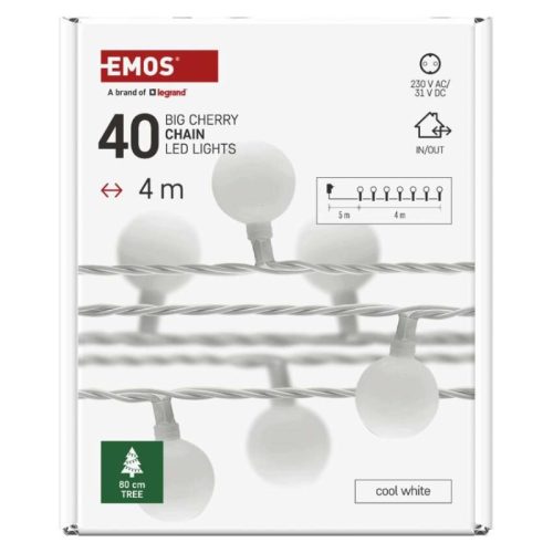 LED fényfüzér, cseresznye – golyók 2,5 cm, 4 m, kültéri és beltéri, hideg fehér, időzítő