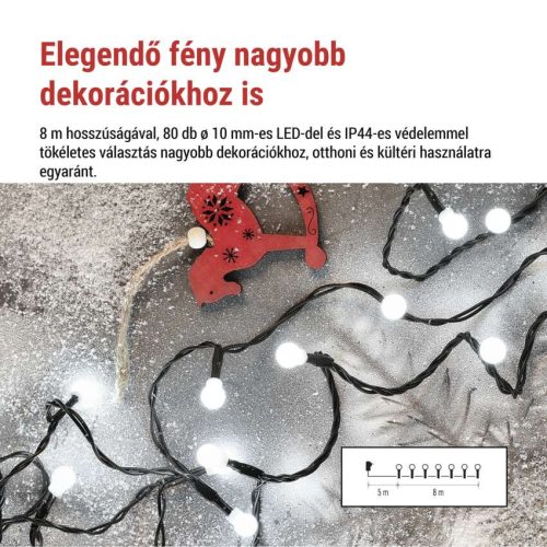 LED karácsonyi fényfüzér,cseresznye–golyók, 8 m,kültéri és beltéri,hideg fehér,progr,időz.
